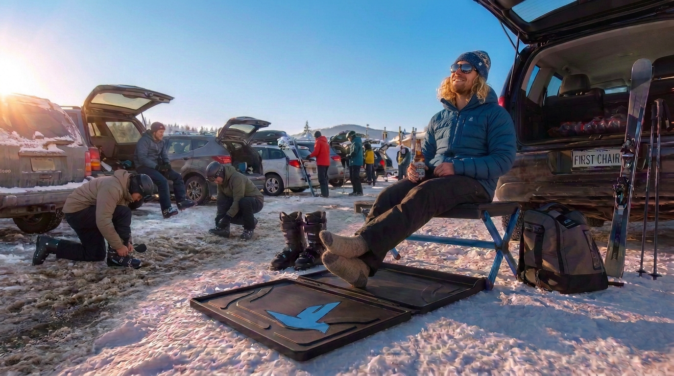 Skier relaxing on the First Chair changing station in a sunny parking lot after a day of skiing